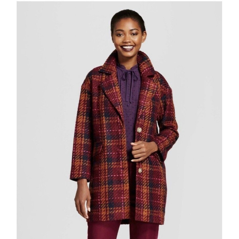 A New Day Coat Jacket Plaid Burgundy Gold Pink Pockets Woven Women's Size S